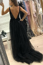 Black Sequins Beaded A-Line V-Neck Tulle Backless Long Prom Dress with Split